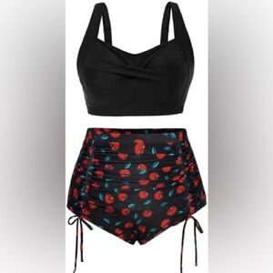 High-Waist Black & Cherry Print Two-Piece Swim Set
